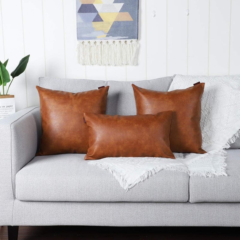 MANDIOO Set of 2 Lumbar Faux Leather Decorative Throw Pillow Covers Modern Solid Outdoor Cushion Cases Luxury Pillowcases for Couch Sofa Bed 12x20 Inches Brown - Image 5